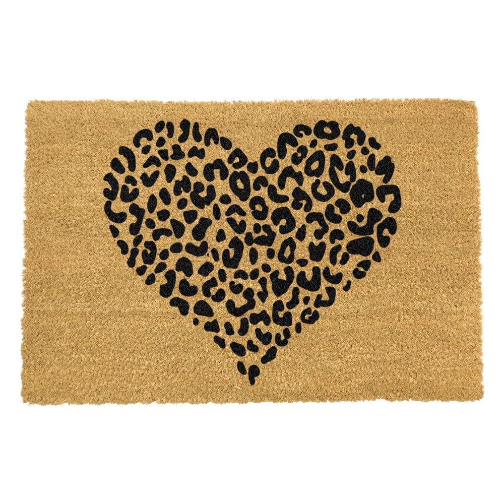 Čierna rohožka z prírodného kokosového vlákna Artsy Doormats Leopard Heart 40 x 60 cm