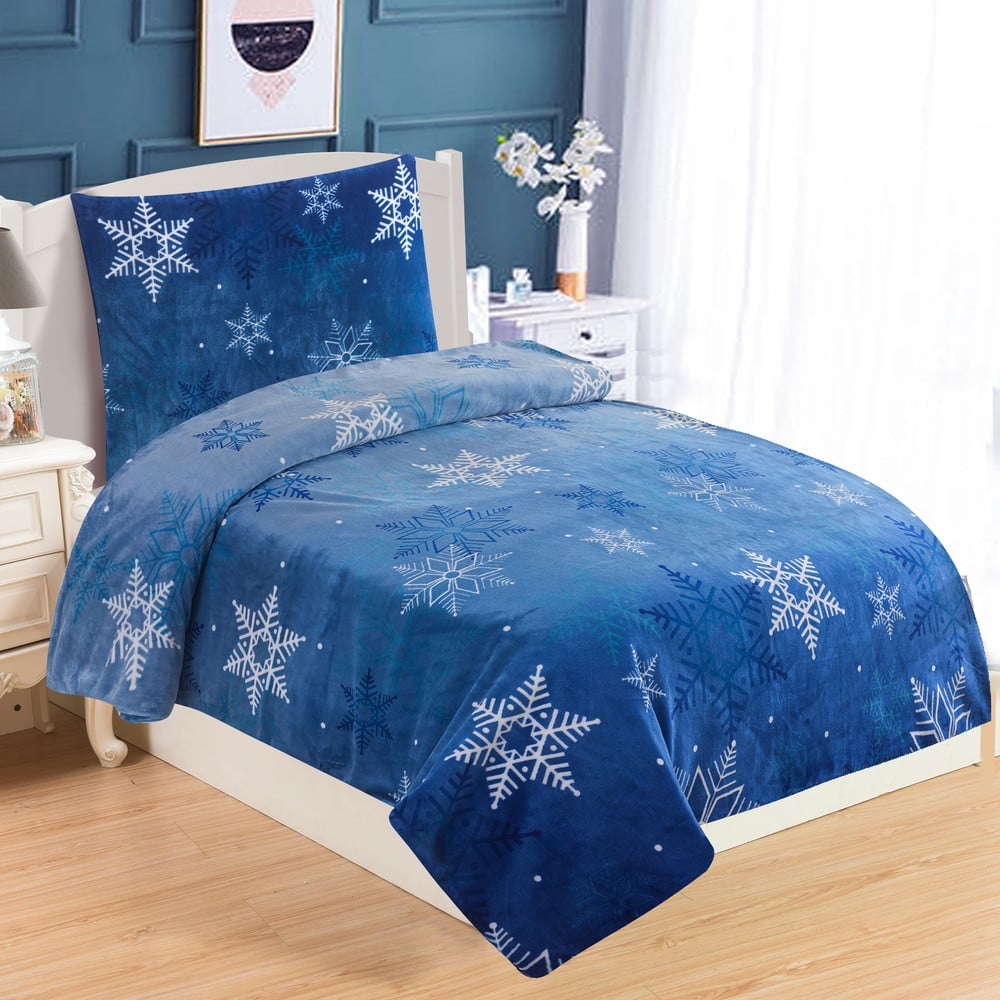 Modré mikroplyšové obliečky na jednolôžko My House Snowflakes 140 x 200 cm