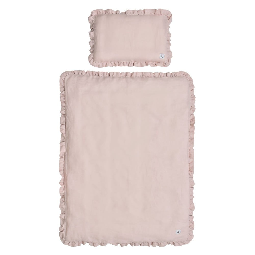 Súprava ružovej detskej ľanovej prikrývky s vankúšom BELLAMY Dusty Pink 80 × 100 cm