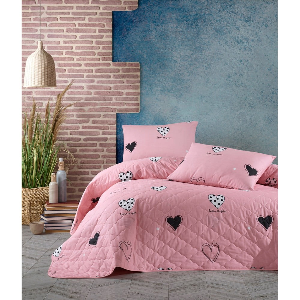 Ružová prikrývka cez posteľ s 2 obliečkami na vankúš z ranforce bavlny EnLora Home Hati 225 x 240 cm