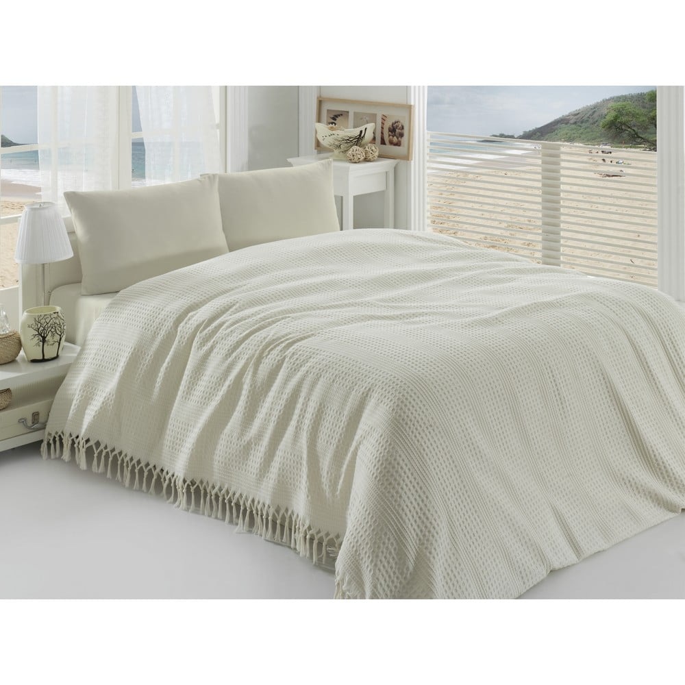 Krémovobiely ľahký bavlnený pléd cez posteľ na dvojlôžko Pique 220 × 240 cm