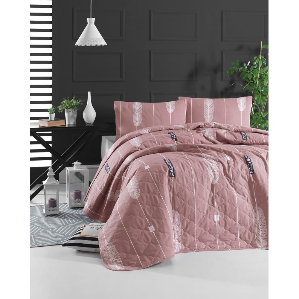 Ružová prikrývka cez posteľ s 2 obliečkami na vankúš z ranforce bavlny EnLora Home Modena 225 x 240 cm