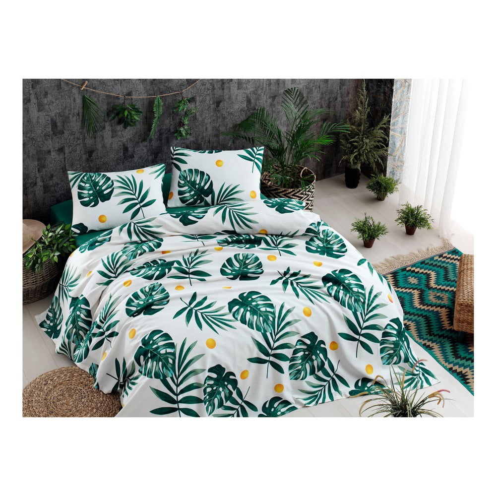 Set bavlneného plédu cez posteľ plachta a 2 obliečky na vankúš Monstera Green 200 x 235 cm
