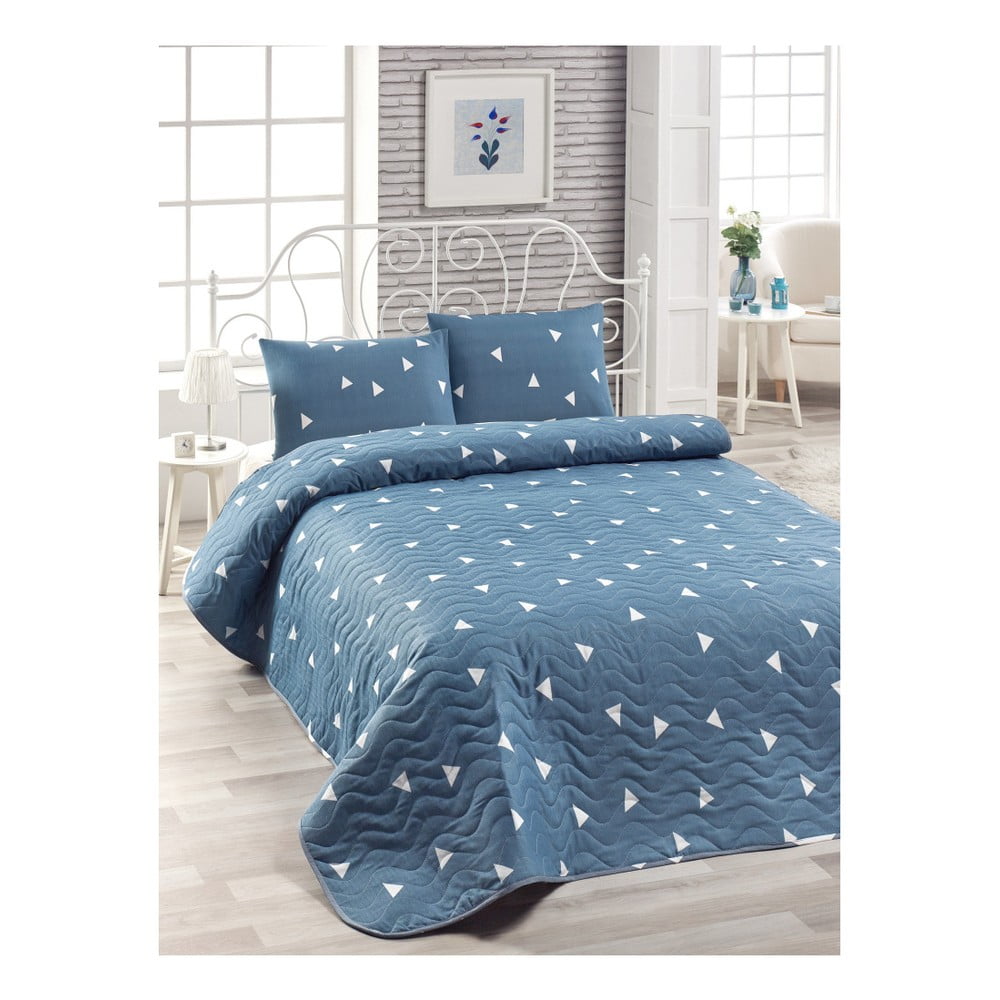 Set modrej prikrývky cez posteľ a obliečky na vankúš Mismo Cula 160 × 220 cm