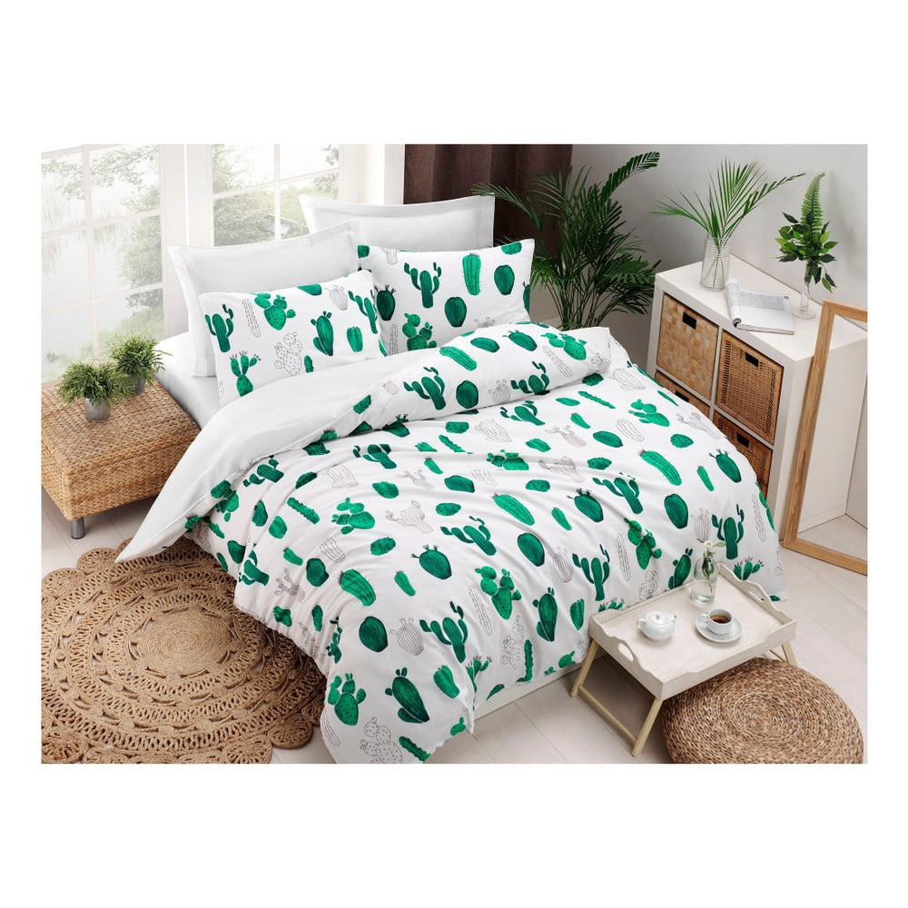 Obliečky s plachtou s prímesou bavlny na dvojlôžko Kaktus Green 200 × 220 cm