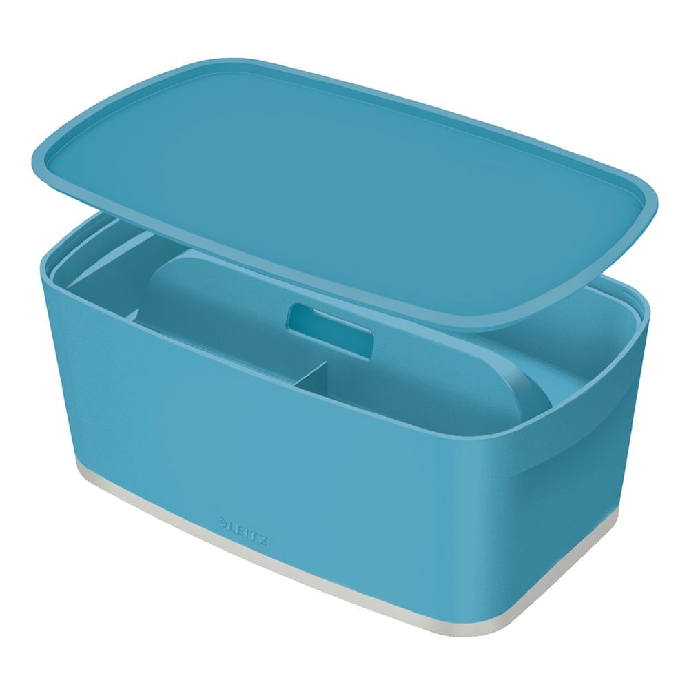 Modrá úložná škatuľa s vekom a organizérom Leitz Cosy objem 5 l