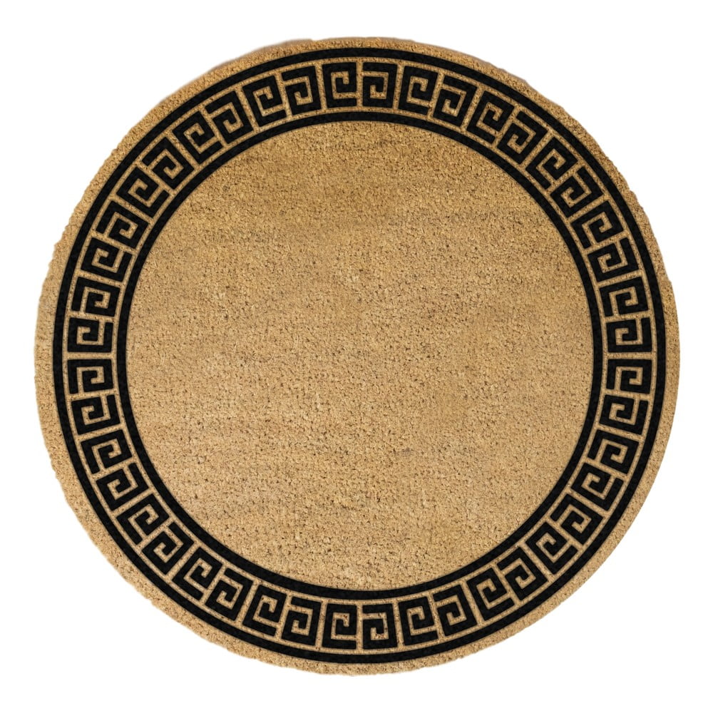 Čierna okrúhla rohožka z prírodného kokosového vlákna Artsy Doormats Greek Border ⌀ 70 cm